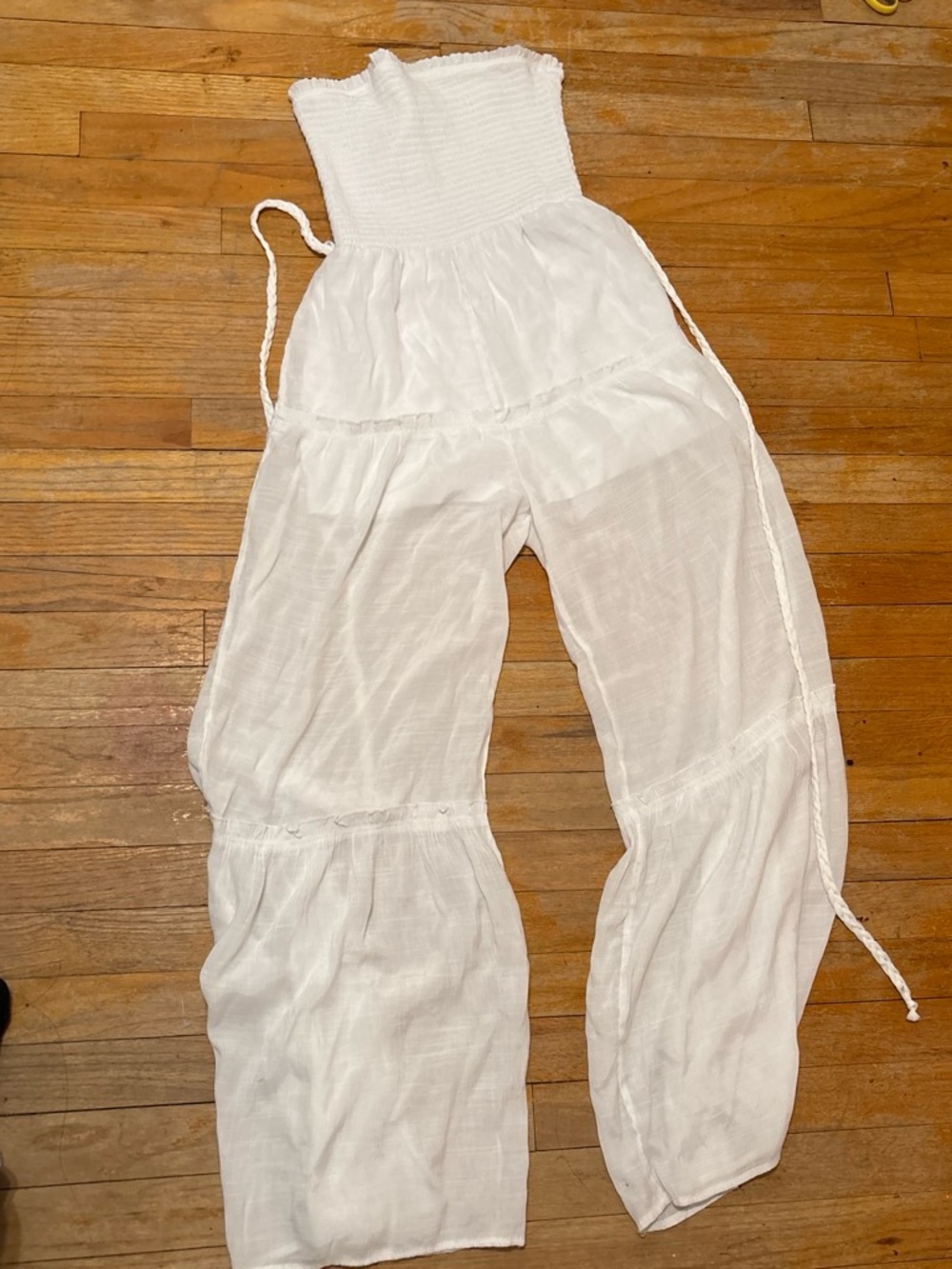 Strapless White Wide-Leg Smocked Jumpsuit